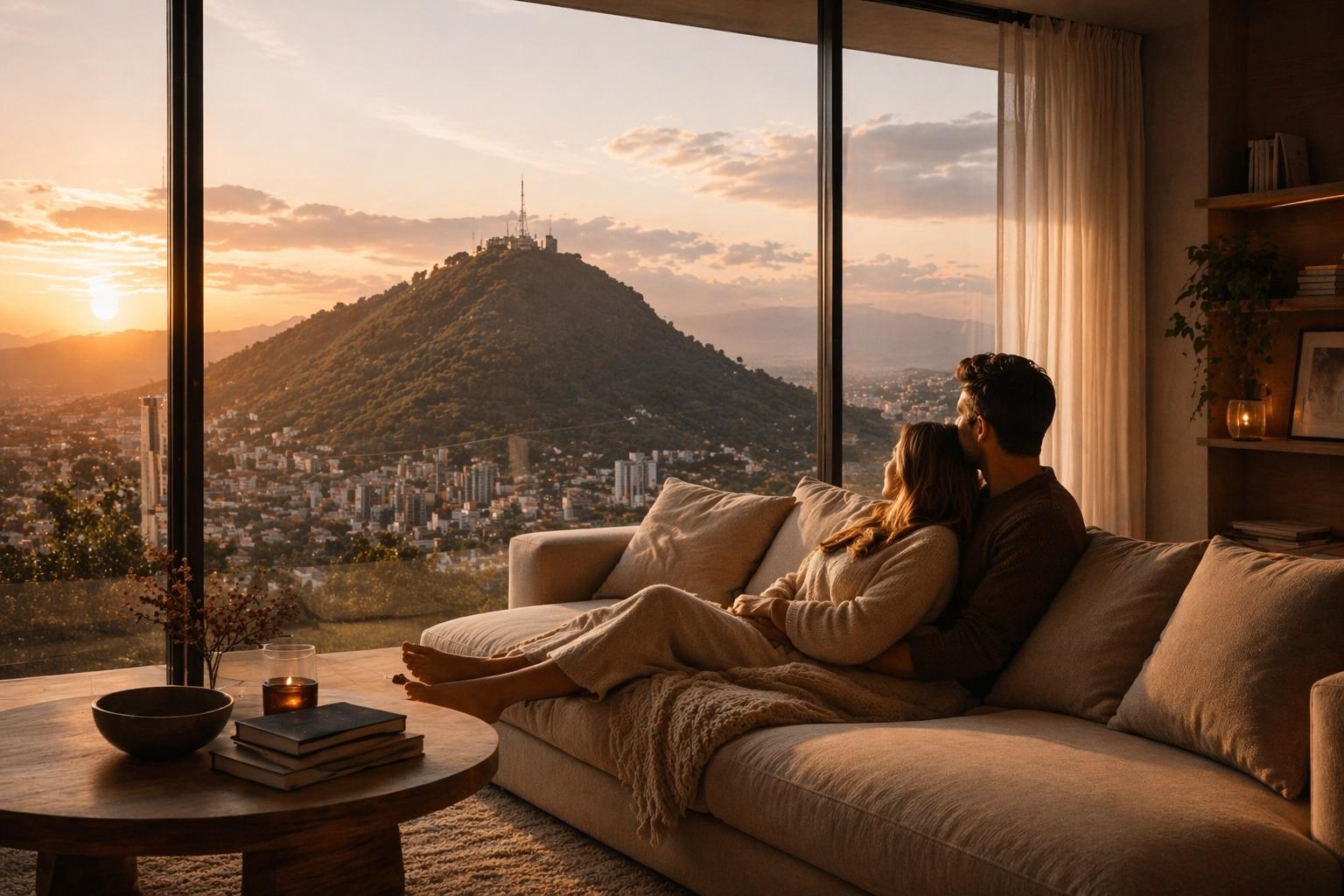 Pareja en sala con vista panorámica